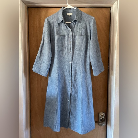 MAX STUDIO Linen Shirt Dress XS Tab Sleeve Button Down Denim Look - Picture 1 of 9